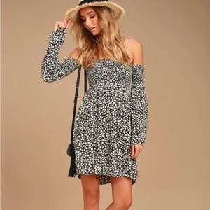 Billabong | Night Fox Black Floral Print Off-the-Shoulder Dress